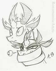 Size: 1159x1466 | Tagged: annoyed, artist:rossmaniteanzu, brothers, changedling, changedling brothers, changeling, derpibooru import, embrace, king thorax, male, pencil drawing, pharynx, prince pharynx, safe, scared, siblings, sketch, thorax, traditional art