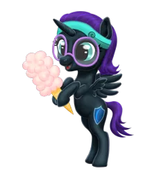 Size: 947x1080 | Tagged: safe, artist:vasillium, derpibooru import, oc, oc:nyx, unofficial characters only, alicorn, pony, alicorn oc, clothes, cotton candy, cute, cutie mark, female, filly, flying, glasses, happy, headband, holding, horn, moon, nostrils, nyxabetes, princess, royalty, simple background, smiling, solo, tail, transparent background, wings