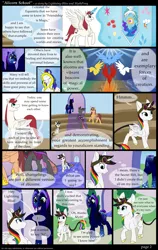 Size: 1912x3017 | Tagged: safe, artist:mythpony, derpibooru import, oc, oc:chuggle buggle, oc:fausticorn, oc:heather blossom, oc:lightning bliss, oc:myth, oc:pristine, unofficial characters only, alicorn, changedling, changeling, pony, comic:alicorn school, female, mare