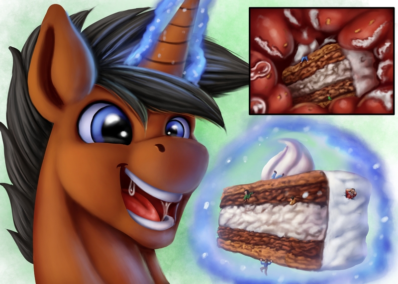 Size: 4200x3000 | Tagged: questionable, artist:vittorionobile, derpibooru import, oc, oc:braveheart, unofficial characters only, unicorn, cake, fetish, food, internal, magic, magic aura, male, micro, ponies eating humans, story included, vore