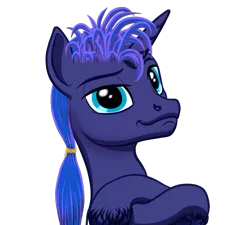 Size: 853x768 | Tagged: safe, artist:vasillium, derpibooru import, princess luna, alicorn, pony, artemabetes, crossed hooves, cute, horn, looking, looking at you, male, nostrils, ponytail, prince artemis, raised eyebrow, rule 63, rule63betes, simple background, smiling, solo, stallion, transparent background