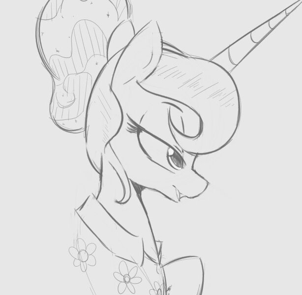 Size: 725x708 | Tagged: safe, artist:tre, derpibooru import, princess luna, alicorn, pony, alternate hairstyle, bust, clothes, female, grayscale, horn, lidded eyes, mare, monochrome, portrait, profile, shirt, solo