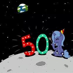 Size: 4096x4096 | Tagged: safe, artist:waffletheheadmare, derpibooru import, princess luna, alicorn, pony, apollo 11, cloud, cold sparklers, cutie mark, earth, eyes closed, glow, hat, horn, moon, moon landing anniversary, numbers, one hoof raised, party hat, s1 luna, sitting, smiling, space, stars, text, wings