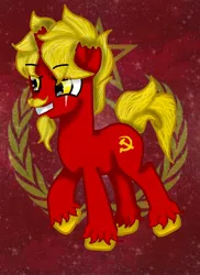 Size: 1616x2222 | Tagged: safe, artist:hiroko42014091, derpibooru import, oc, oc:ivan the carpenter pony, unofficial characters only, pony, unicorn, broken horn, communism, facial hair, goatee, hammer and sickle, horn, injured, moustache, scar, solo, soviet, soviet union, torn ear, unshorn fetlocks