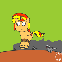 Size: 800x800 | Tagged: safe, artist:vohd, derpibooru import, sunset shimmer, earth pony, pony, unicorn, animated, chase, crowd, cute, evil, frame by frame, hopping, jumping, not salmon, red eyes, running, shimmerbetes, tied up, wat