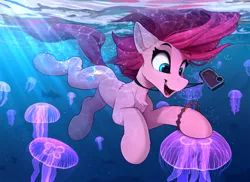 Size: 2300x1678 | Tagged: safe, artist:yakovlev-vad, derpibooru import, pinkie pie, earth pony, fish, jellyfish, pony, bubble, camera, cheek fluff, chest fluff, cute, diapinkes, female, mare, ocean, open mouth, shoulder fluff, solo, underwater, water, wet, wet mane