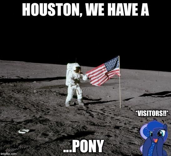 Size: 547x499 | Tagged: alicorn, american flag, apollo 12, astronaut, caption, cute, derpibooru import, human, image macro, irl, irl human, luna and the nauts, lunabetes, meme, moon, moon landing, pete conrad, photo, princess luna, safe, spacesuit, text