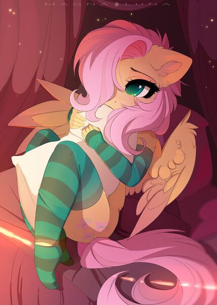 Size: 1920x2693 | Tagged: safe, artist:magnaluna, derpibooru import, fluttershy, anthro, pegasus, plantigrade anthro, adorasexy, beautiful, beautisexy, bed, blushing, clothes, colored pupils, covering, cute, ear fluff, female, fingerless gloves, floppy ears, gloves, hair over one eye, hug, leggings, long gloves, looking at you, mare, pillow, pillow hug, precious, sexy, shyabetes, socks, solo, spread wings, striped socks, sweet dreams fuel, thigh highs, wing fluff, wings