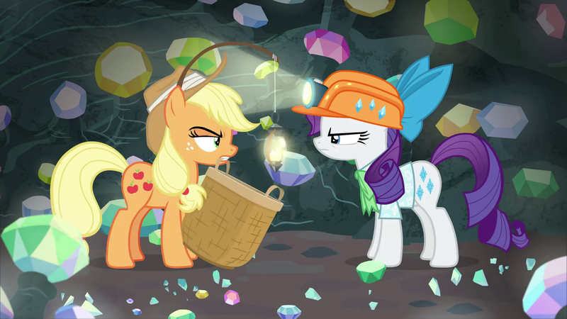 Size: 1920x1080 | Tagged: safe, derpibooru import, screencap, applejack, rarity, earth pony, pony, unicorn, dragon dropped, angry, annoyed, basket, bow, duo, female, gem, gem cave, gemstones, hat, helmet, lamp, light, looking at each other, mare, mining helmet