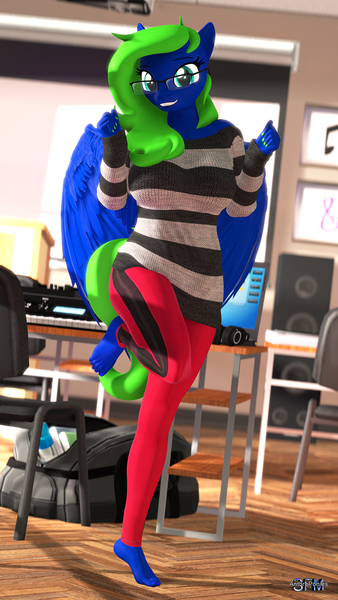 Size: 1080x1920 | Tagged: 3d, anthro, anthro oc, artist:anthroponiessfm, barefoot, clothes, cute, derpibooru import, excited, feet, female, glasses, looking at you, oc, oc:thundy, plantigrade anthro, safe, school, source filmmaker, striped sweater, sweater, unofficial characters only