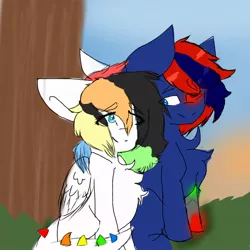 Size: 768x768 | Tagged: safe, artist:rainbow--harmony, derpibooru import, oc, oc:bitmaker, oc:rainbow harmony, unofficial characters only, bat pony, dracony, dragon, hybrid, pony, amputee, eye clipping through hair, female, friendshipping, heterochromia, male, prosthetic limb, prosthetics