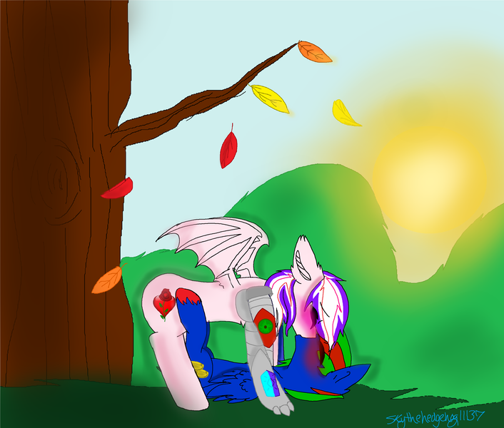 Size: 2720x2312 | Tagged: safe, artist:rainbow--harmony, derpibooru import, oc, oc:bitmaker, oc:rainbow harmony, bat pony, dracony, dragon, hybrid, pony, amputee, blushing, female, kissing, male, on back, prosthetic limb, prosthetics, shipping, straight, sun, tree