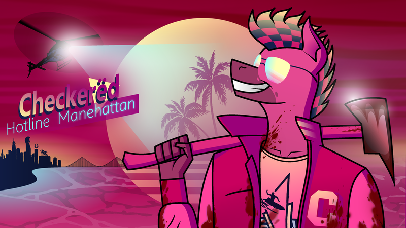 Size: 3840x2160 | Tagged: safe, artist:checkered, derpibooru import, oc, oc:checkered, unofficial characters only, anthro, earth pony, 80's-ish, 80's style, abstract background, axe, beach, blood, bridge, city, clothes, helicopter, hotline miami, jacket, manehattan, outrun, palm tree, police helicopter, retro, skyline, solo, spotlight, summer, sun, sunglasses, sunset, text, tree, weapon