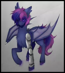 Size: 3267x3645 | Tagged: safe, artist:akamaraa, derpibooru import, oc, oc:bitmaker, unofficial characters only, bat pony, pony, amputee, bat pony oc, bat wings, male, prosthetic limb, prosthetics, solo, wings