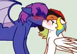 Size: 629x438 | Tagged: safe, artist:florfru, derpibooru import, oc, oc:bitmaker, oc:rainbow harmony, unofficial characters only, bat pony, dracony, dragon, hybrid, pegasus, pony, blushing, cute, eyes open, female, kissing, male, multicolored hair, rainbow hair, shipping, straight