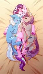 Size: 1265x2160 | Tagged: safe, artist:djkaskan, derpibooru import, maud pie, starlight glimmer, trixie, earth pony, pony, unicorn, bed, blushing, cloven hooves, female, hug, lesbian, mare, mauxie, neck nuzzle, ot3, polyamory, shipping, sleeping, smiling, starlight glimmer gets all the mares, starmaud, starmauxie, startrix, underhoof, unshorn fetlocks, wrong cutie mark