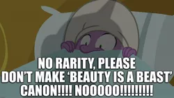 Size: 1920x1080 | Tagged: bed, blanket, caption, comic:beauty is a beast, derpibooru import, dragon, dragon dropped, edit, edited screencap, excessive exclamation marks, female, hat, image macro, implied murder, implied rape, implied torture, male, nightcap, pillow, rarity, screencap, semi-grimdark, spike, spike's bed, straight, suggestive, text, winged spike, yandere, yanderity