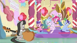 Size: 1280x720 | Tagged: safe, derpibooru import, screencap, auburn vision, berry blend, berry bliss, end zone, huckleberry, november rain, octavia melody, pinkie pie, silverstream, earth pony, hippogriff, pegasus, pony, unicorn, a horse shoe-in, clarinet, cutie mark, friendship student, male, musical instrument, puffy cheeks, saxophone, trombone, trumpet, violin, yovidaphone