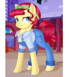 Size: 1256x1406 | Tagged: safe, artist:doraair, derpibooru import, torque wrench, pony, rainbow roadtrip, atorqueable, clothes, cute, ear fluff, female, overalls, solo