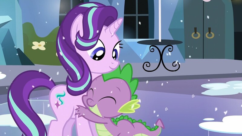 Size: 1280x720 | Tagged: safe, derpibooru import, screencap, spike, starlight glimmer, dragon, pony, unicorn, the crystalling, adorable face, cute, cute smile, daaaaaaaaaaaw, eyes closed, female, hug, mare, shipping fuel, smiling, snow, spikelove, table