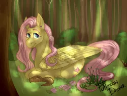 Size: 2658x2000 | Tagged: safe, artist:fullmoondagger, derpibooru import, fluttershy, pegasus, pony, squirrel, crepuscular rays, dappled sunlight, female, flower, folded wings, forest, looking at you, mare, outdoors, prone, smiling, solo, three quarter view, wings