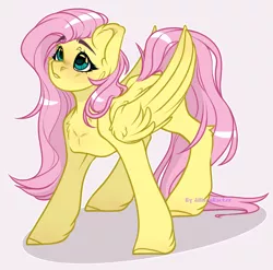 Size: 1574x1558 | Tagged: safe, artist:allisonbacker, derpibooru import, fluttershy, pegasus, pony, cute, female, folded wings, looking up, mare, shyabetes, simple background, solo, standing, three quarter view, white background, wings