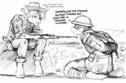 Size: 2100x1391 | Tagged: semi-grimdark, artist:the-minuscule-task, derpibooru import, oc, anthro, earth pony, unicorn, arm behind back, bound, bound arms, fallout, fallout: new vegas, gun, ncr ranger, weapon