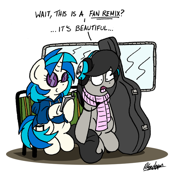 Size: 4318x4245 | Tagged: safe, artist:bobthedalek, derpibooru import, octavia melody, vinyl scratch, earth pony, pony, unicorn, atg 2019, bus seat, cello case, clothes, headphones, hoodie, music player, newbie artist training grounds, scarf