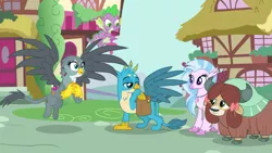 Size: 1280x720 | Tagged: safe, derpibooru import, screencap, gabby, gallus, silverstream, spike, yona, dragon, gryphon, hippogriff, yak, dragon dropped, bag, chest fluff, claws, cute, diastreamies, female, flying, jewelry, necklace, paws, ponyville, saddle bag, tail, winged spike, wings, yonadorable