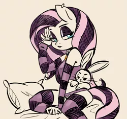 Size: 865x805 | Tagged: alternate hairstyle, angel bunny, angelshy, animal, anthro, artist:soulcentinel, clothes, derpibooru import, female, fluttershy, goth, lipstick, male, pegasus, piercing, rabbit, shipping, smug, socks, stockings, straight, striped socks, suggestive, thigh highs