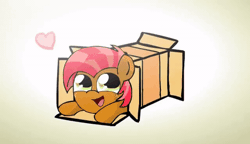 Size: 500x288 | Tagged: safe, artist:alfa995, derpibooru import, babs seed, silver spoon, earth pony, pony, adorable face, animated, bait and switch, box, cute, female, filly, freckles, heart, looking at you, ponies sliding into a box