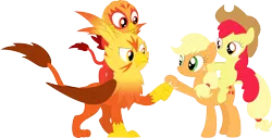 Size: 3586x1826 | Tagged: safe, artist:porygon2z, derpibooru import, apple bloom, applejack, oc, oc:blaze, oc:heatwave, earth pony, gryphon, pony, accessory swap, brothers, female, fist bump, griffons riding griffons, hoofbump, male, ponies riding ponies, riding, siblings, simple background, sisters, transparent background