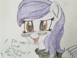 Size: 2016x1512 | Tagged: safe, artist:straighttothepointstudio, derpibooru import, oc, oc:serendipity, unofficial characters only, pegasus, pony, colored, cute, cutie mark, drawing, female, glasses, long mane, mare, smiling, solo, traditional art