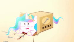 Size: 500x288 | Tagged: semi-grimdark, alternate version, artist:2snacks, derpibooru import, princess celestia, alicorn, pony, abuse, adorable face, animated, blood, box of nails, celestiabuse, crown, cute, fail, female, flowing mane, grimcute, jewelry, mare, nailed it, nails, oh shit, open mouth, ponies sliding into a box, pun in description, regalia, talking, vulgar, what have you done?!, you monster