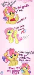 Size: 1089x2400 | Tagged: safe, artist:rainbow eevee, derpibooru import, fluttershy, kettle corn, rainbow dash, pony, :3, accurate, box, comic, cute, derp, dialogue, example, faic, female, filly, first time, grammar error, hair tie, happy meal, hoof hold, implied cannibalism, implied violence, majestic, majestic as fuck, mcdonald's, mcdonald's happy meal toys, mcdonalds swag, obsession, pink background, simple background, story, text, toy, underhoof, wat