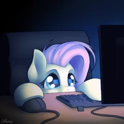 Size: 2000x2000 | Tagged: safe, artist:ohemo, derpibooru import, fluttershy, pegasus, pony, atg 2019, chair, computer, computer mouse, cute, dark room, desk, ear fluff, female, keyboard, monitor, newbie artist training grounds, puppy dog eyes, shyabetes, solo