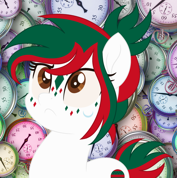 Size: 1968x1988 | Tagged: safe, artist:razorbladetheunicron, derpibooru import, oc, oc:thrill seeker, unofficial characters only, earth pony, pony, base used, clock, face markings, markings, nervous, ponysona, solo