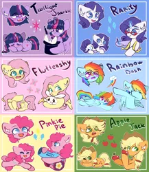 Size: 2600x3000 | Tagged: safe, artist:etoz, derpibooru import, angel bunny, applejack, fluttershy, pinkie pie, rainbow dash, rarity, twilight sparkle, twilight sparkle (alicorn), alicorn, earth pony, pegasus, pony, rabbit, unicorn, animal, apple, blushing, braid, chest fluff, cutie mark, dab, ear fluff, eye clipping through hair, female, food, hat, magic, magic wand, mane six, mare, measuring tape, open mouth, party cannon, rainbow dab, rarity's glasses, telekinesis, top hat