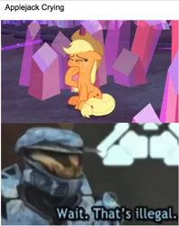 Size: 552x698 | Tagged: safe, derpibooru import, edit, edited screencap, screencap, applejack, pony, hearthbreakers, applejack cries on the inside, crying, crystal, halo, leonard church, meme, red vs blue, wait that's illegal