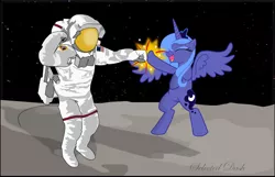 Size: 1138x734 | Tagged: alicorn, apollo 11, artist:selecteddash, astronaut, derpibooru import, duo, fist bump, hoofbump, human, luna and the nauts, moon, princess luna, s1 luna, safe, signature, spacesuit