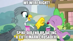 Size: 888x499 | Tagged: safe, derpibooru import, edit, edited screencap, screencap, gabby, spike, dragon, gryphon, pony, dragon dropped, cherry, feeding, female, food, fun fact, implied cutie mark crusaders, interspecies, male, meme, shipping, spabby, straight, text, text edit, winged spike