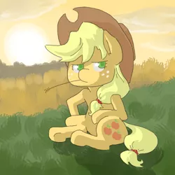 Size: 700x700 | Tagged: safe, artist:shrimpshogun, derpibooru import, applejack, earth pony, pony, cloud, female, freckles, hat, looking at you, sitting, solo, straw in mouth, sun