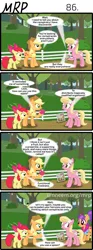 Size: 800x2153 | Tagged: safe, artist:umneem, derpibooru import, apple bloom, applejack, lily, lily valley, plaid stripes, oc, earth pony, pony, comic:my rational pony, apple, bush, comic, conspiracy theory, female, food, mare, tree