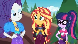 Size: 1920x1080 | Tagged: safe, derpibooru import, screencap, rarity, sci-twi, sunset shimmer, twilight sparkle, equestria girls, equestria girls series, festival filters, spoiler:eqg series (season 2), bolero jacket, clothes, female, geode of empathy, geode of telekinesis, glasses, hand on hip, jacket, magical geodes, mobile phone, outdoors, phone, ponytail, smartphone, trio, trio female