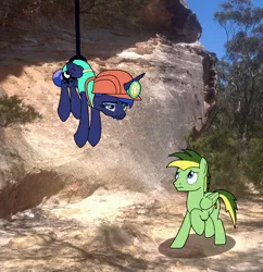 Size: 1280x1321 | Tagged: safe, artist:didgereethebrony, derpibooru import, princess luna, oc, oc:didgeree, alicorn, pegasus, pony, between dark and dawn, australia, blue mountains, cliff, cutie mark, dangling, didgeree collection, helmet, irl, mlp in australia, photo, ponies in real life, rope, story included, unamused
