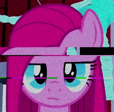 Size: 400x393 | Tagged: safe, derpibooru import, edit, edited screencap, screencap, pinkie pie, pony, party of one, season 1, animated, error, female, glitch, looking at you, mare, noise, pinkamena diane pie, she knows, solo, the beginning
