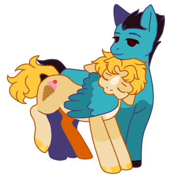 Size: 350x360 | Tagged: safe, artist:guidomista, artist:miiistaaa, artist:nijimillions, derpibooru import, ponified, earth pony, pegasus, pony, anime, black hair, black mane, blonde hair, blonde mane, chibi, crossover, cuddling, cute, eyes closed, food, gay, gelato, grooming, ice cream, jjba, jojo, jojo's bizarre adventure, love, male, markings, preening, romance, snuggling, socks (coat marking), sorbet, sorbet and gelato, stallion, standing, star (coat marking), straight hair, straight mane, teal, two toned wings, vento aureo, wings, yellow