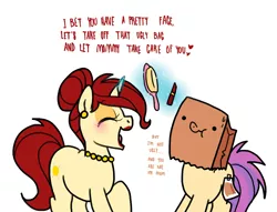 Size: 1110x850 | Tagged: safe, artist:paperbagpony, derpibooru import, oc, oc:golden brooch, oc:paper bag, pony, brush, dialogue, fake cutie mark, jewelry, levitation, lipstick, magic, maternal instinct, necklace, paper bag, pearl necklace, simple background, telekinesis, white background