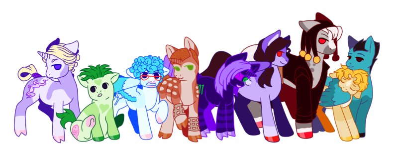 Size: 1300x495 | Tagged: safe, artist:guidomista, artist:miiistaaa, artist:nijimillions, derpibooru import, ponified, earth pony, pony, unicorn, accessories, anime, black hair, black mane, blaze (coat marking), blonde hair, blonde mane, blue, blue hair, blue mane, brown hair, brown mane, clothes, cloven hooves, coat, crossover, formaggio, friends, friendship, frown, gang, gangsta, gangster, gelato, ghiaccio, ginger, goth, gray, green, green hair, green mane, group, group picture, hat, height difference, hooves, horn, illuso, jacket, jjba, jojo, jojo's bizarre adventure, la squadra, leonine tail, looking at each other, male, markings, melone, orange hair, orange mane, pesci, prosciutto, purple, purple hair, purple mane, risotto nero, sitting, smiling, socks (coat marking), sorbet, sorbet and gelato, splotches, spots, spotted, stallion, standing, stripes, tail wrap, teal, trenchcoat, two toned wings, vento aureo, white hair, white mane, wings, yellow