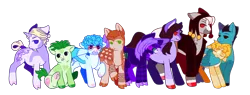Size: 1300x495 | Tagged: safe, artist:guidomista, artist:miiistaaa, artist:nijimillions, derpibooru import, ponified, earth pony, pony, unicorn, accessories, anime, black hair, black mane, blaze (coat marking), blonde hair, blonde mane, blue, blue hair, blue mane, brown hair, brown mane, clothes, cloven hooves, coat, crossover, formaggio, friends, friendship, frown, gang, gangsta, gangster, gelato, ghiaccio, ginger, goth, gray, green, green hair, green mane, group, group picture, hat, height difference, hooves, horn, illuso, jacket, jjba, jojo, jojo's bizarre adventure, la squadra, leonine tail, looking at each other, male, markings, melone, orange hair, orange mane, pesci, prosciutto, purple, purple hair, purple mane, risotto nero, sitting, smiling, socks (coat marking), sorbet, sorbet and gelato, splotches, spots, spotted, stallion, standing, stripes, tail wrap, teal, trenchcoat, two toned wings, vento aureo, white hair, white mane, wings, yellow
